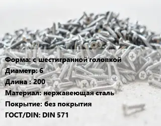 Шуруп с шестигранной головкой 6х200 нержавеющая сталь без покрытия ГОСТ: DIN 571